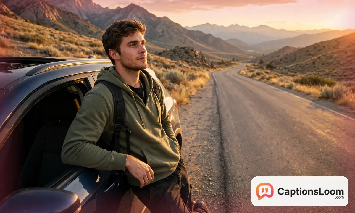 Young man leaning against a car on an open road with mountains at sunset