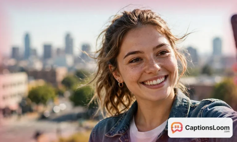 Smiling young woman taking a selfie in bright natural light, instagram captions for girls inspiration