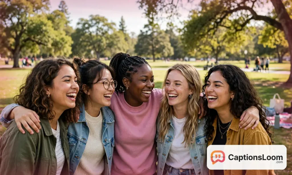 Group of young women friends laughing together outdoors, instagram captions for girls with best friends