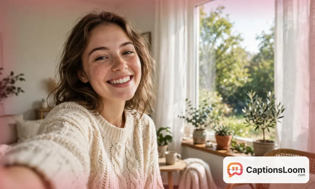 Young woman smiling in a front camera selfie by a bright window, instagram captions for girls selfie ideas