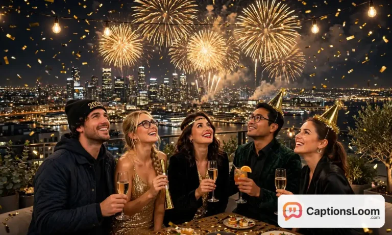 new year captions for instagram fireworks, friends celebrating New Year's Eve under golden fireworks and confetti
