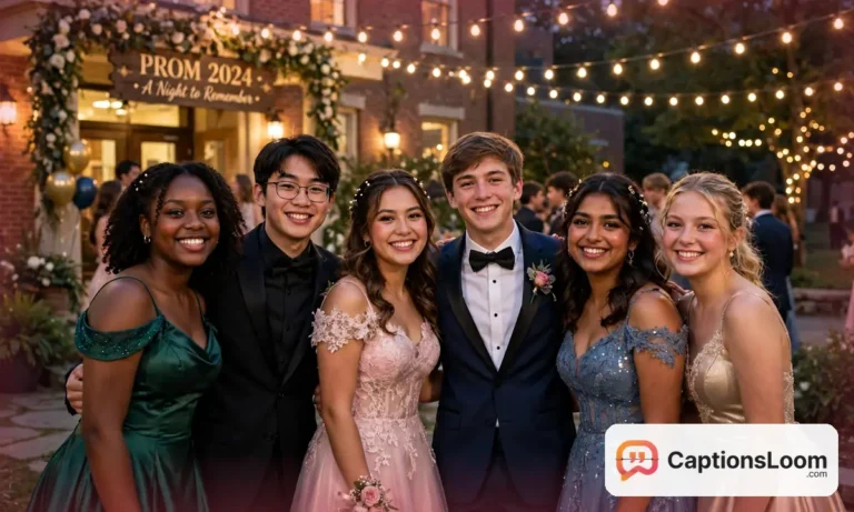 Teens in formal wear smiling under string lights on prom night, prom captions for Instagram inspiration