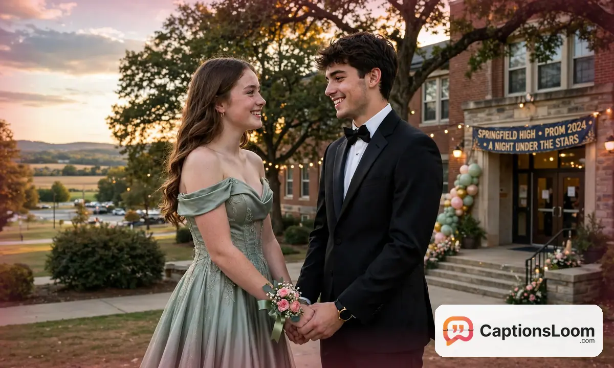 A prom couple in a gown and tuxedo holding hands before the dance, prom couple captions for Instagram