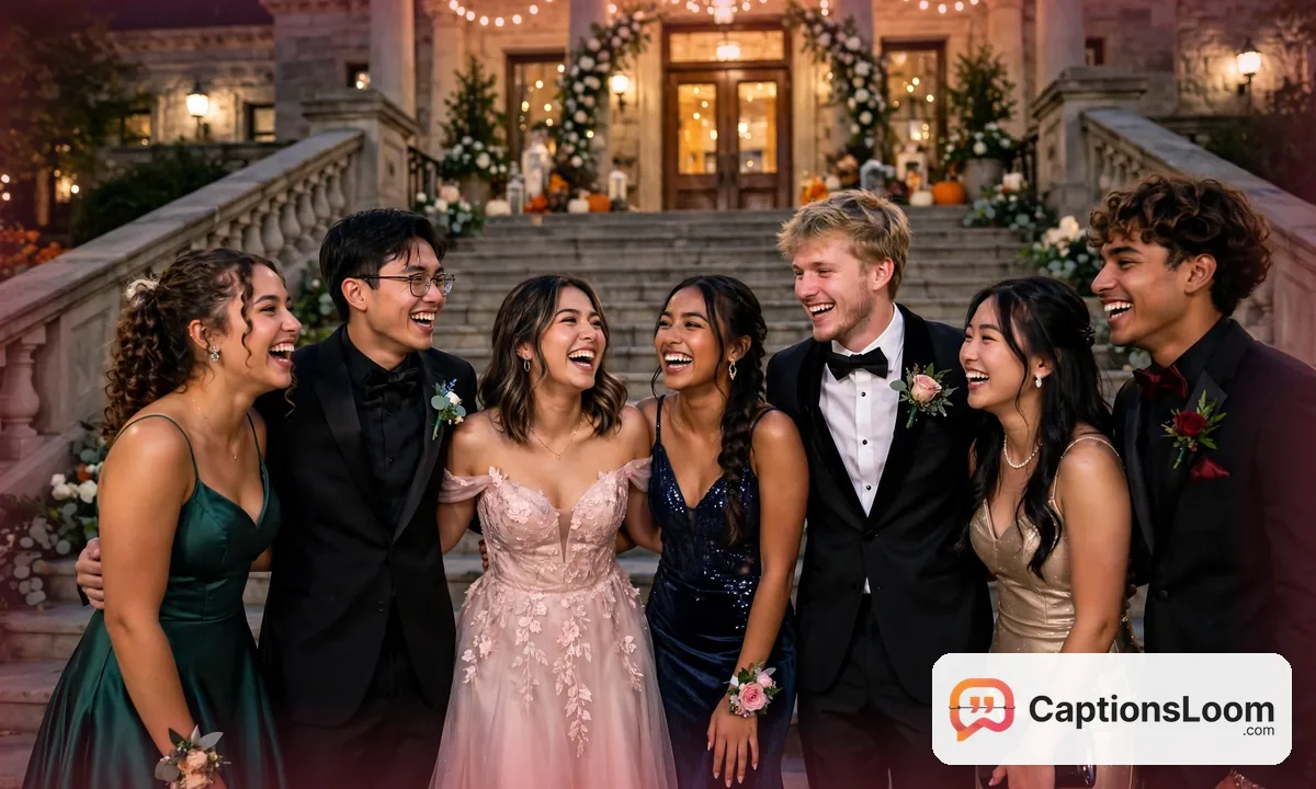 A group of friends in prom dresses and tuxedos laughing together on the stairs, prom captions for Instagram group photos