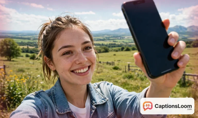 Young woman smiling at her front camera in bright natural light, selfie captions for Instagram inspiration