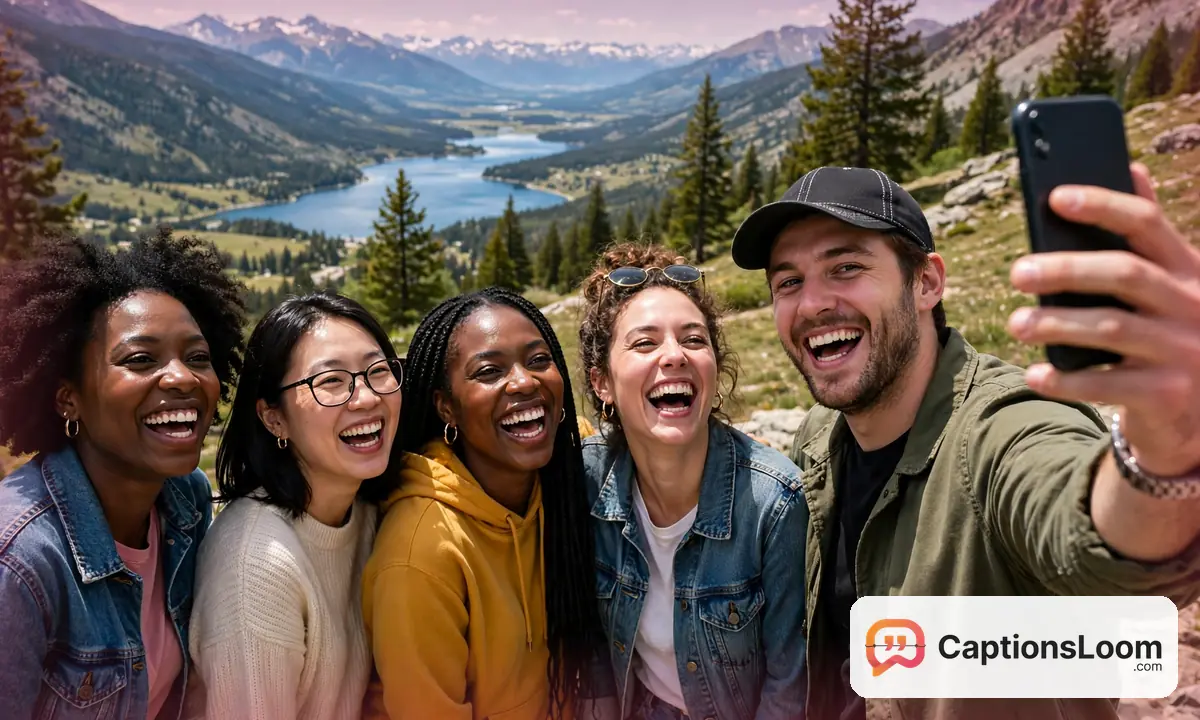 Group of friends laughing together in a group selfie outdoors, selfie captions for Instagram with friends
