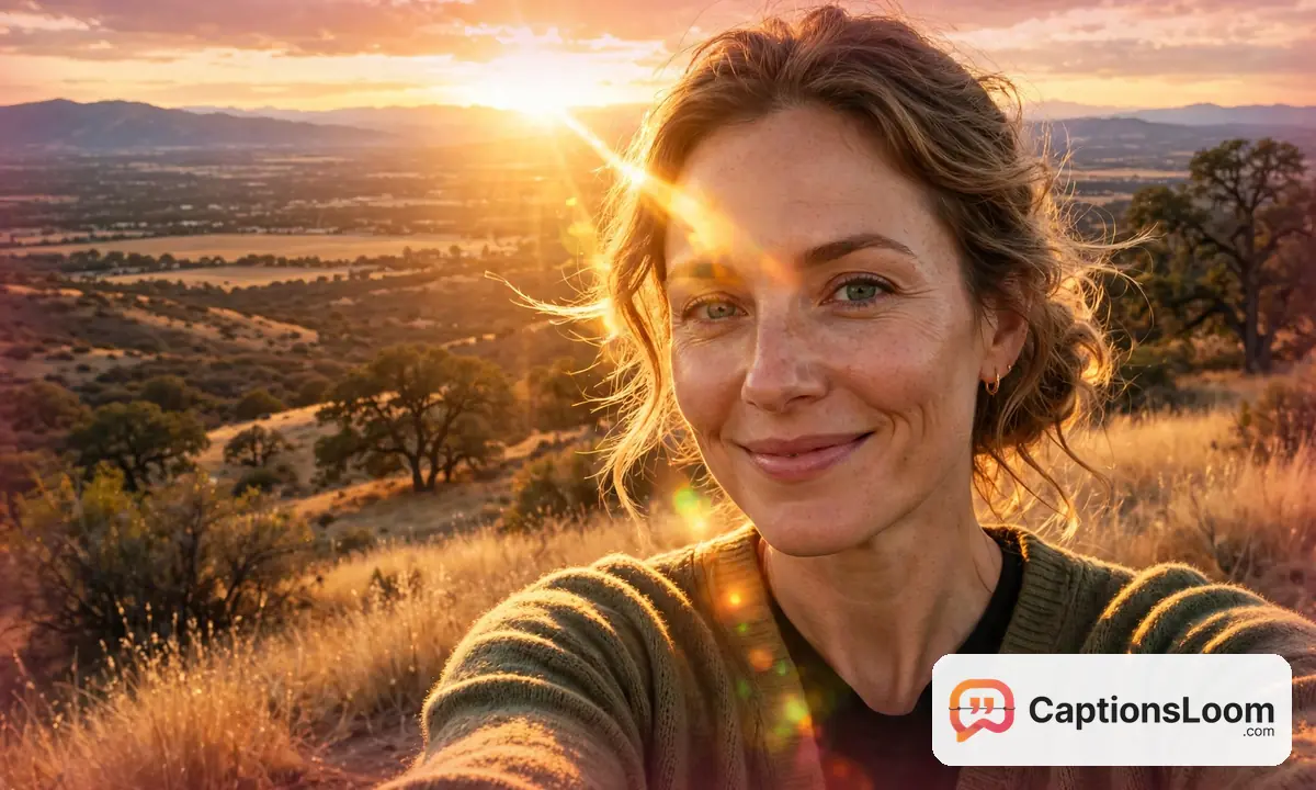 Woman glowing in warm sunset light during a golden hour selfie, golden hour selfie captions for Instagram