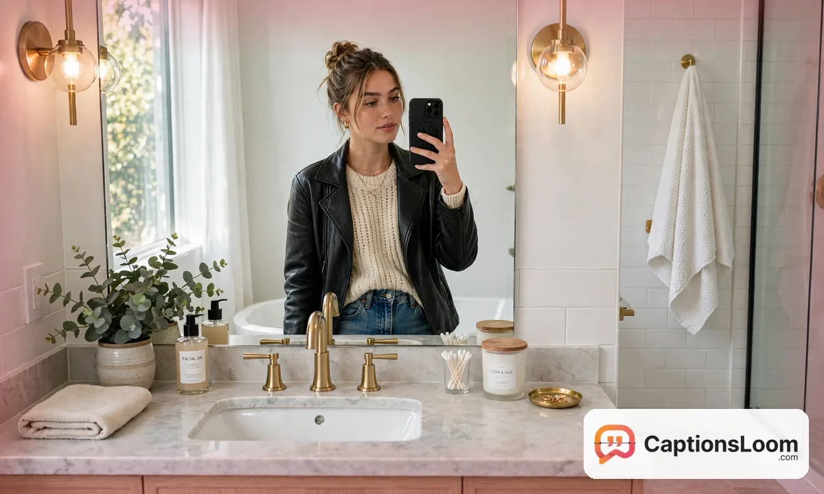 Young woman taking a mirror selfie in a bright bathroom before going out, mirror selfie captions for Instagram