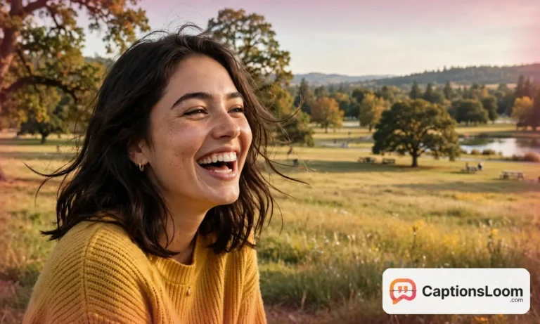 A young woman with a bright smile laughing in natural light outdoors, smile captions for Instagram inspiration