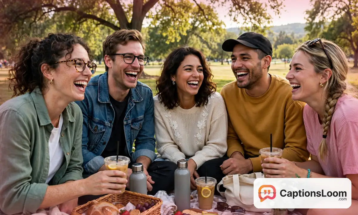 A group of friends laughing together with big smiles in a group photo, smile captions for friends on Instagram