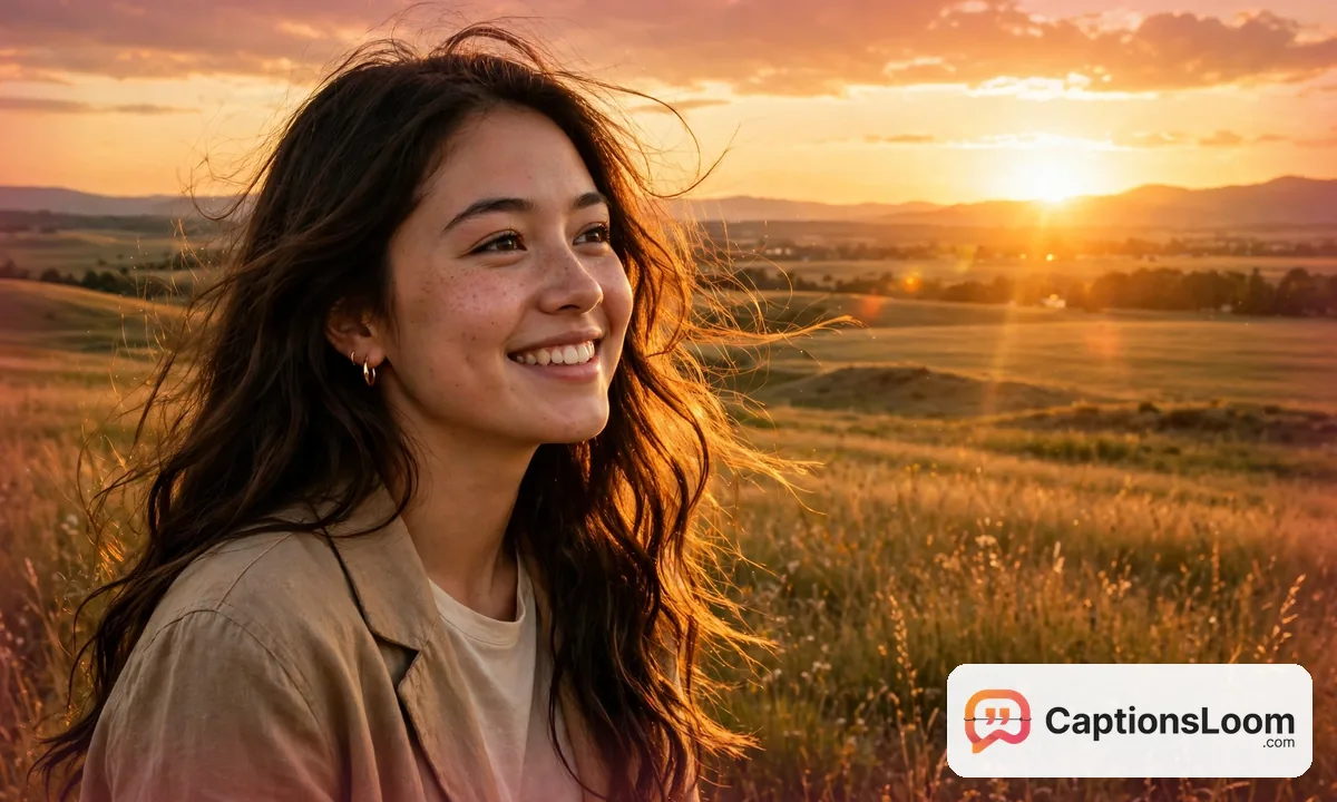 A smiling portrait in golden hour light with a warm sunset glow, golden hour smile captions for Instagram