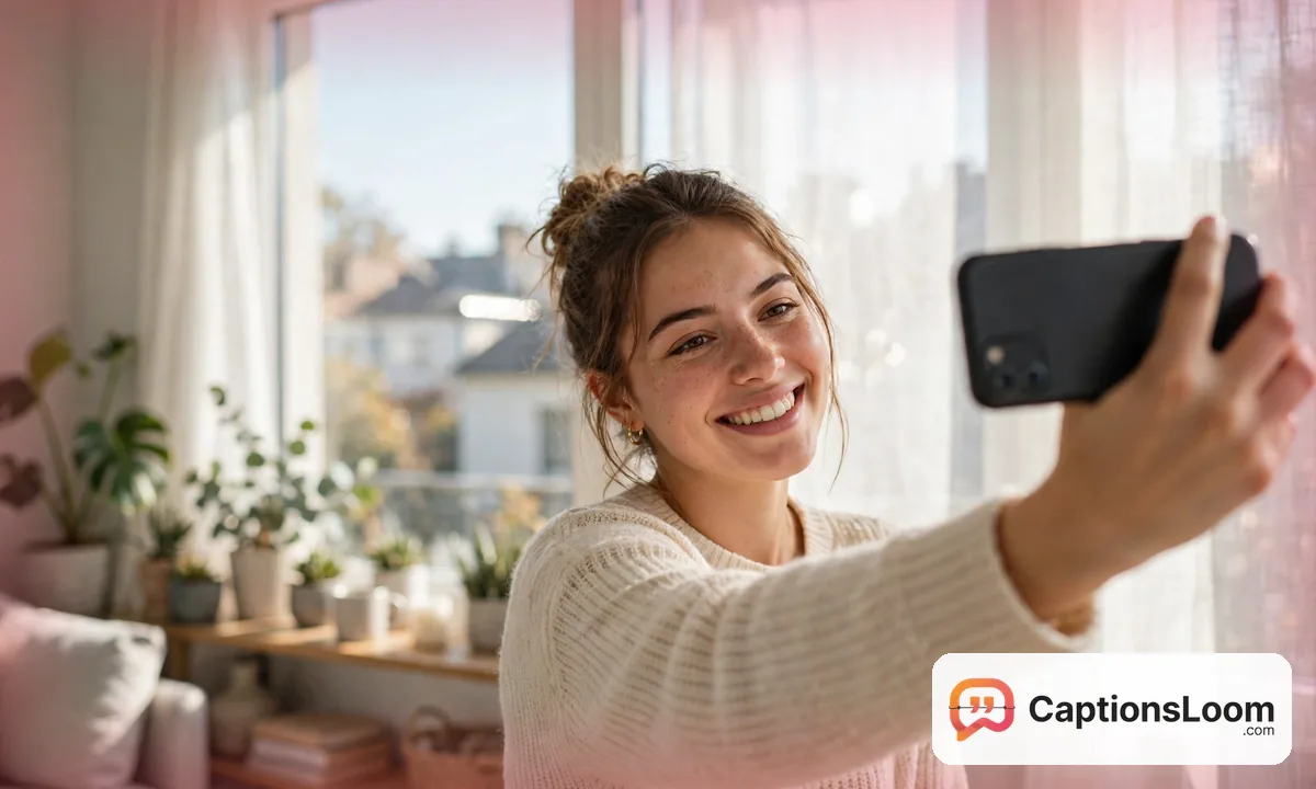 A smiling selfie taken with a front camera in bright window light, smile selfie captions for Instagram