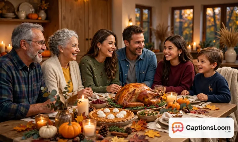 thanksgiving captions for instagram, family gathered around a Thanksgiving dinner table with a roast turkey, pumpkin pie and autumn decorations