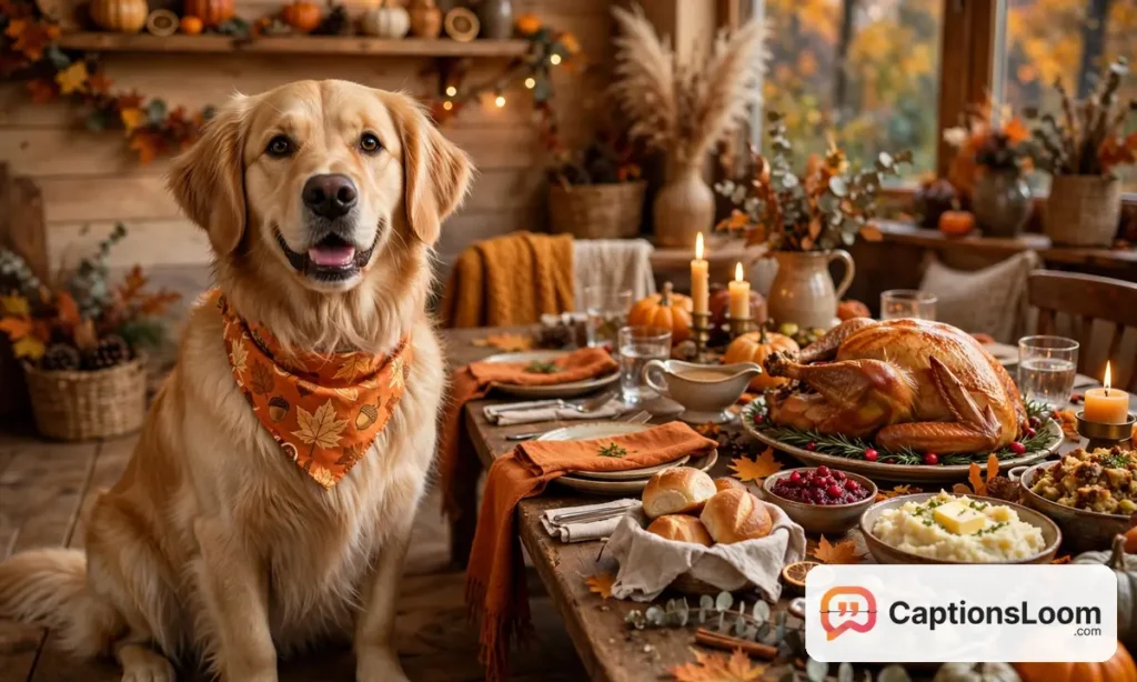 thanksgiving captions for instagram with dog, happy dog wearing an autumn bandana sitting beside the Thanksgiving dinner table