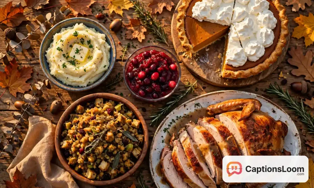 thanksgiving captions for instagram food, close up of a Thanksgiving table with roast turkey, stuffing, mashed potatoes, cranberry sauce and pumpkin pie