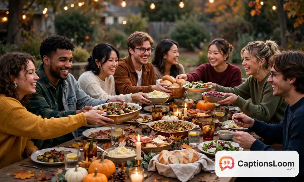 thanksgiving captions for instagram friendsgiving, friends passing dishes at a potluck dinner table with candles and autumn leaves