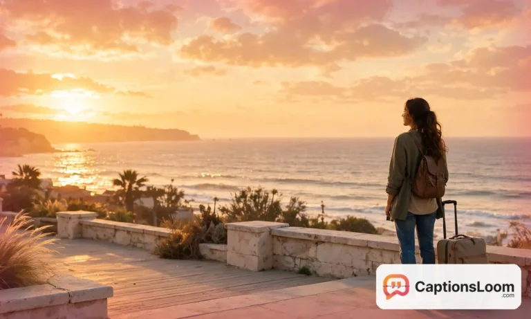 Traveler with a suitcase watching a golden sunset over the ocean on vacation, vacation captions for instagram inspiration