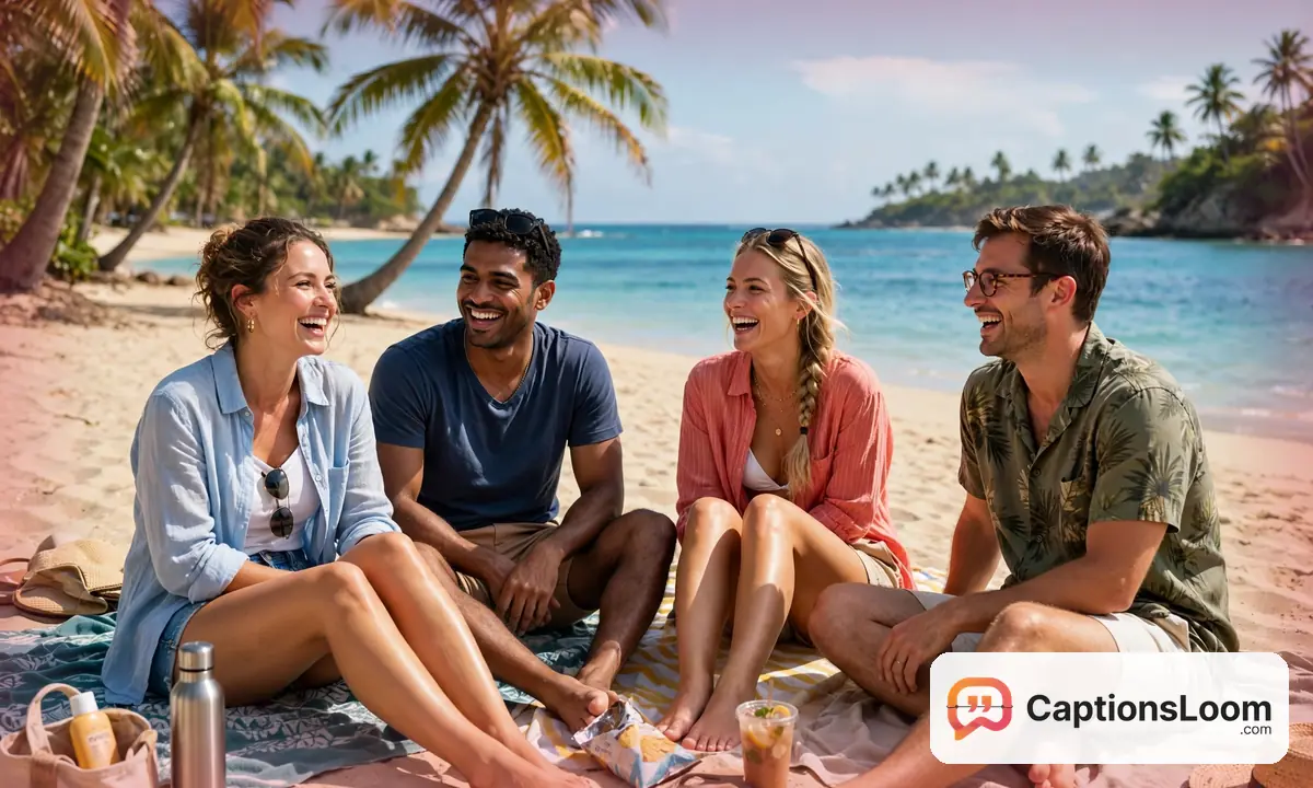 Friends relaxing on a sunny beach with palm trees during a beach vacation, vacation captions for instagram