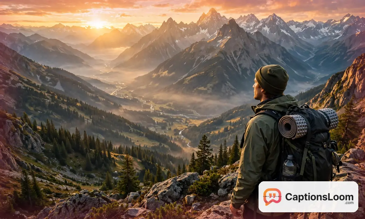 Hiker overlooking a mountain valley at sunrise on a mountain trip, vacation captions for instagram
