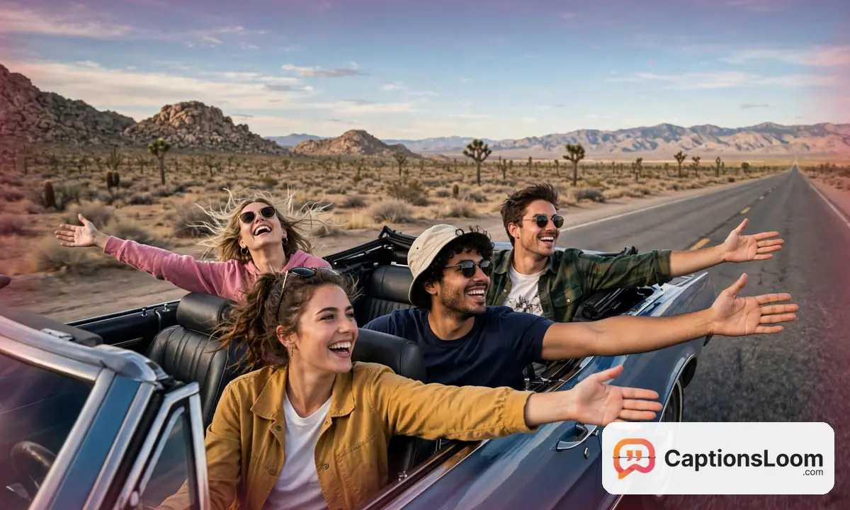 Friends on a road trip with the windows down on a desert highway, vacation captions for instagram