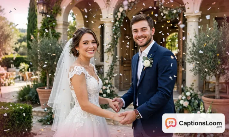 Bride and groom holding hands and smiling right after their wedding ceremony, wedding captions for instagram inspiration