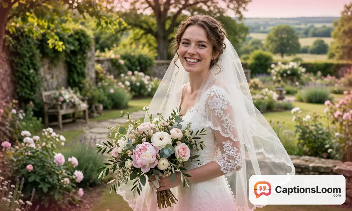 Smiling bride in her wedding dress holding a bouquet on her wedding day, wedding captions for instagram for brides