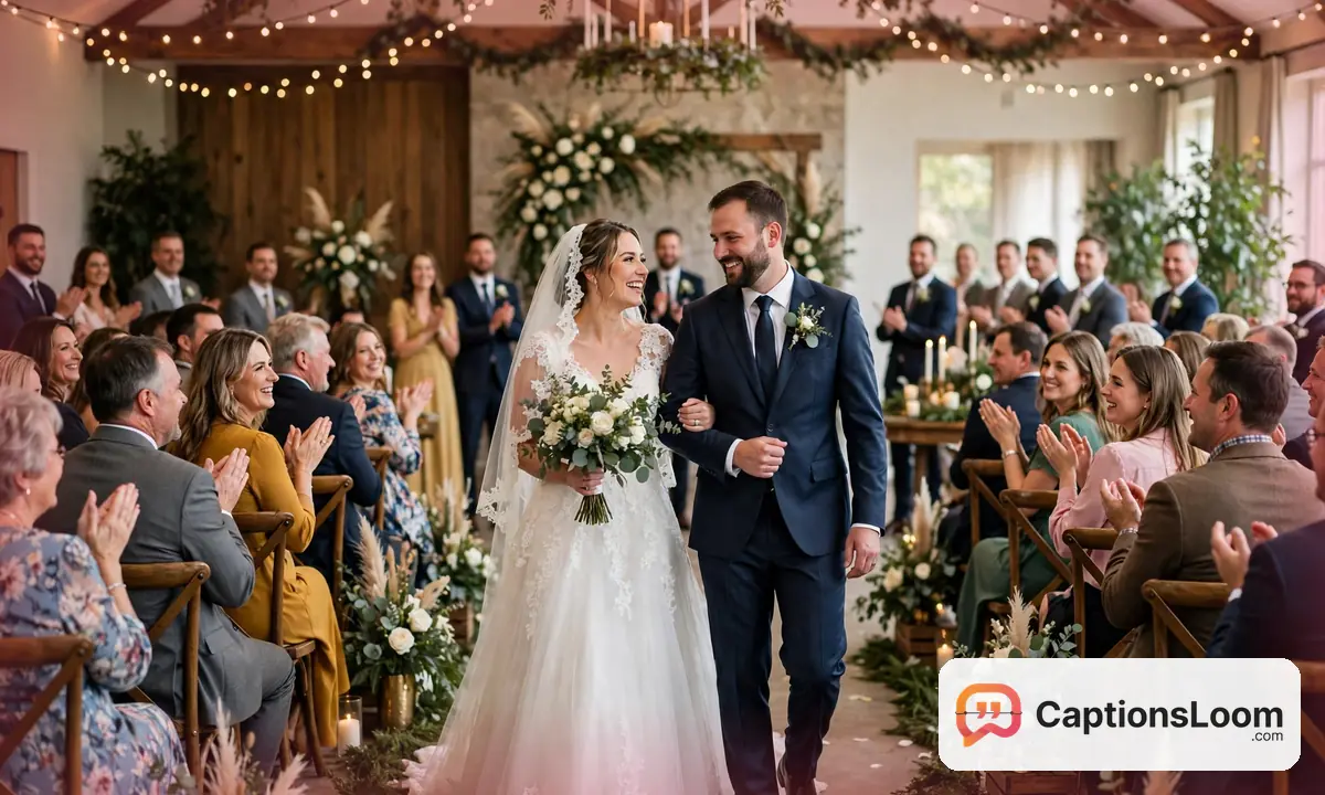 Bride and groom couple walking back down the aisle together as newlyweds, wedding captions for instagram for couples