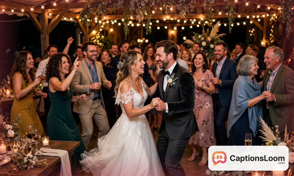 Bride, groom and guests celebrating on the dance floor at a wedding reception party, wedding captions for instagram reception ideas