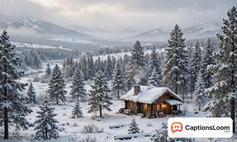 winter captions for instagram, snowy winter landscape with pine trees and a cozy cabin in falling snow