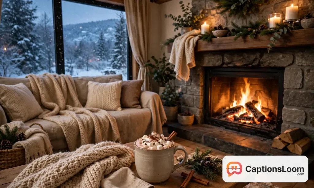 winter captions for instagram cozy, cozy indoor winter scene with a blanket, fireplace and a mug of hot chocolate