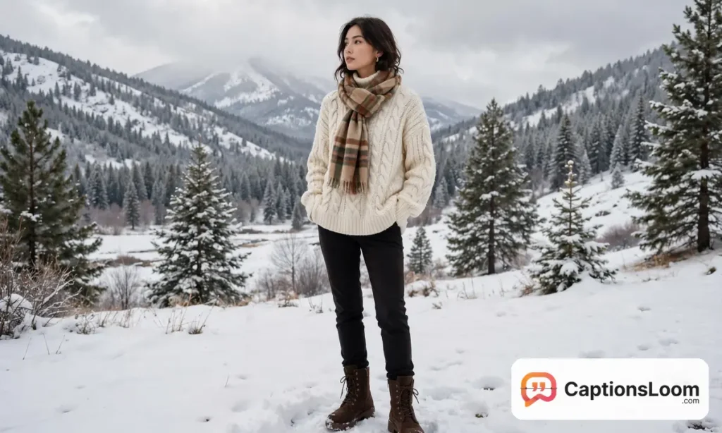 winter captions for instagram outfit, stylish winter outfit with a knit sweater, scarf and boots in the snow