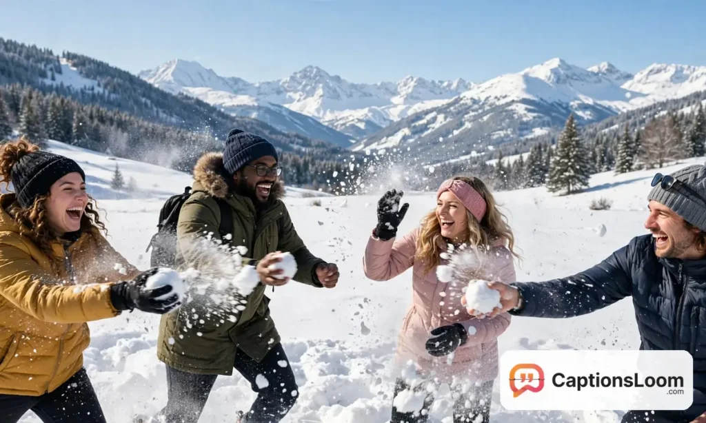 winter captions for instagram snow, friends playing in fresh snow on a bright winter day